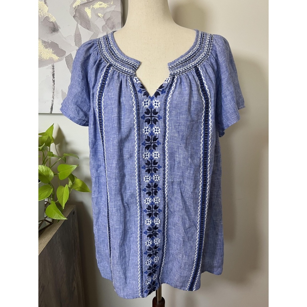 Talbots Top Womens 1X Blue Linen Embroidered Tunic Scoop Neck Boho Peasant